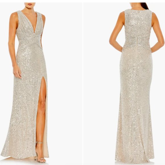 MAC DUGGAL SPARKLE SEQUIN SHEATH NUDE GOWN sz 14